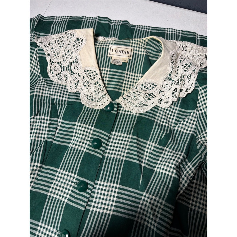 L.G. Star Plaid Rayon Dress Lace Collar Button Front Vintage 90s Midi
